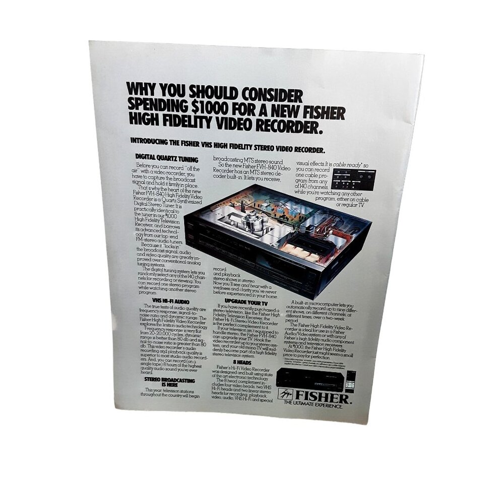 1985 Fisher High Fidelity VHS Video Recorder Original Print Ad vintage